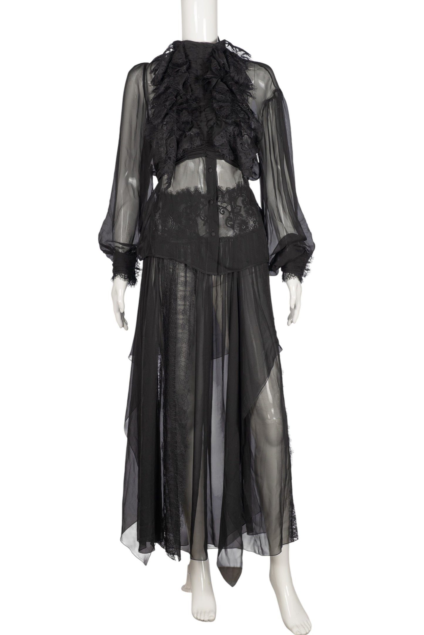 ALBERTA FERRETTI Black Silk Lace Sheer Ruffle Blouse & Skirt 3-Piece Set Size M
