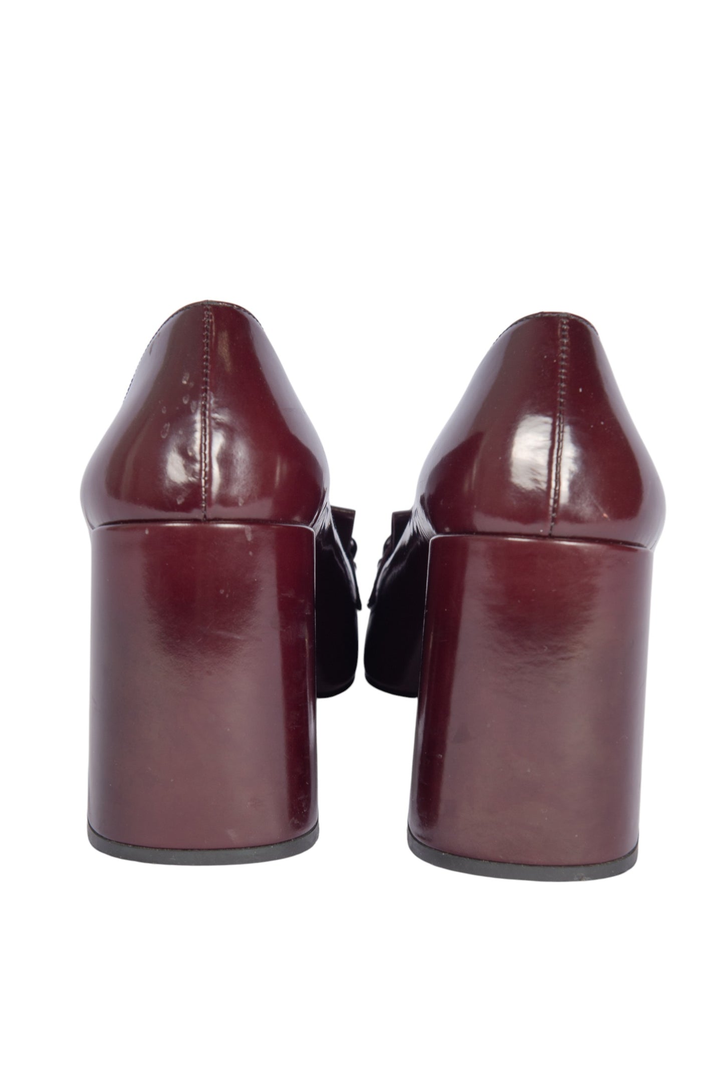 PRADA Burgundy Merlot Patent Leather Kiltie Chain Block Heel Pumps Size 39