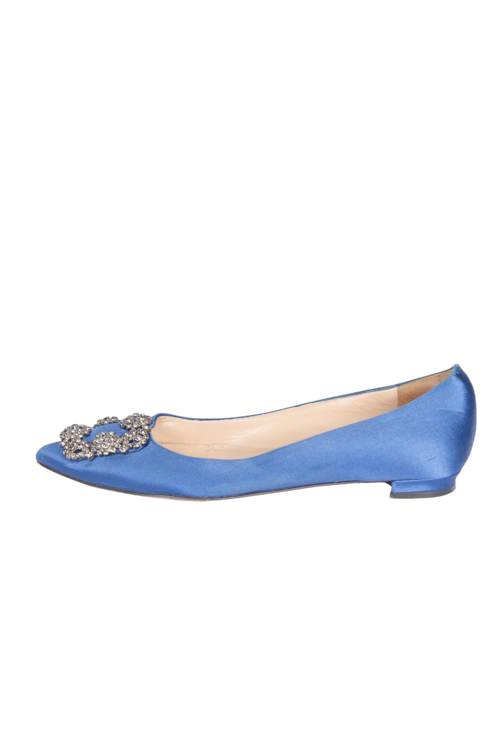 MANOLO BLAHNIK Blue Satin Hangisi Crystal Embellished Point Toe Flats Size 35.5