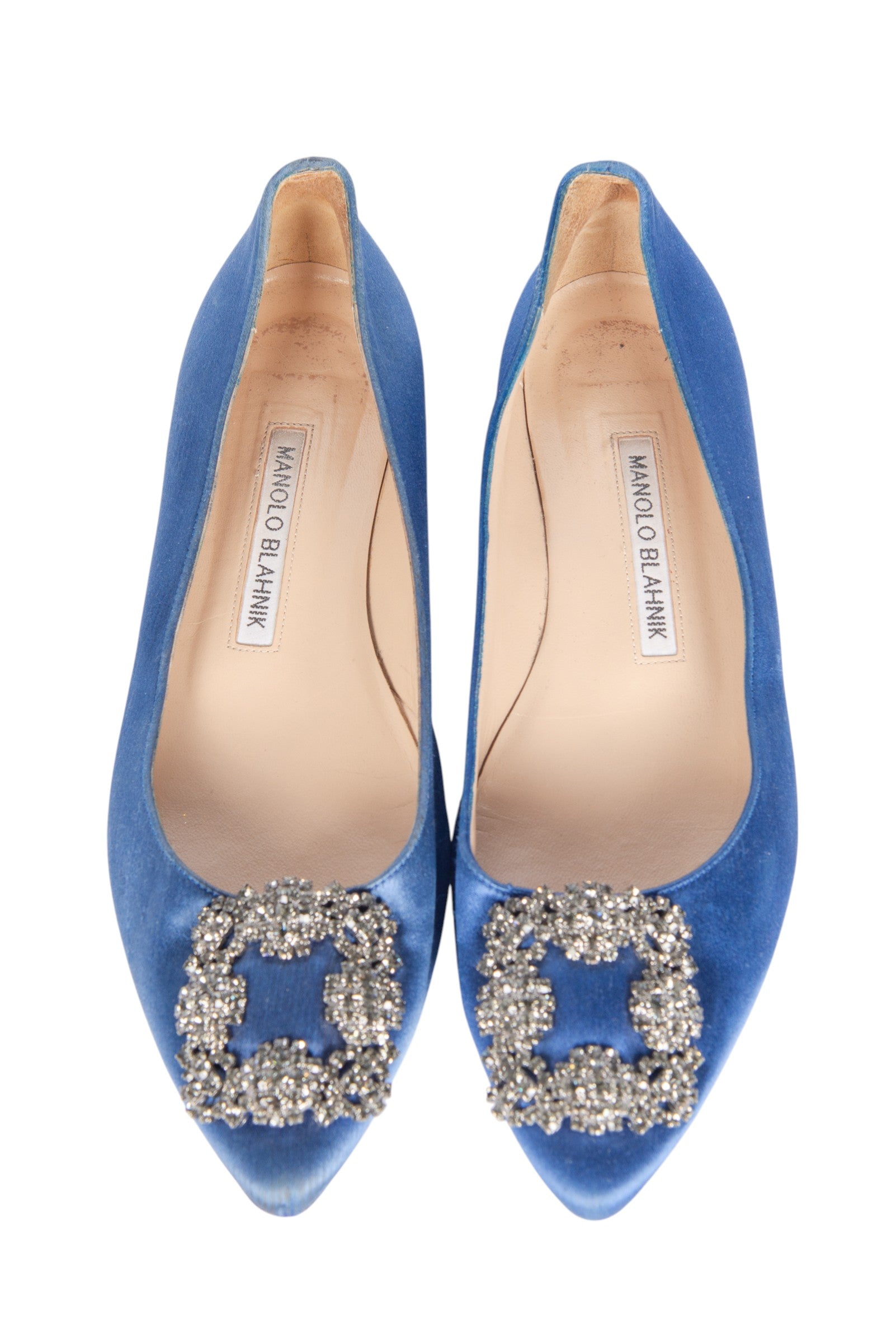 MANOLO BLAHNIK Blue Satin Hangisi Crystal Embellished Point Toe Flats Size 35.5