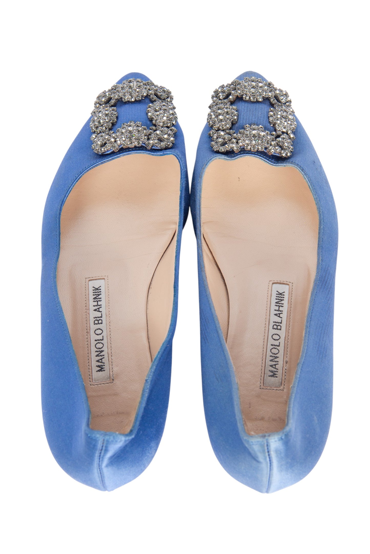 MANOLO BLAHNIK Blue Satin Hangisi Crystal Embellished Point Toe Flats Size 35.5