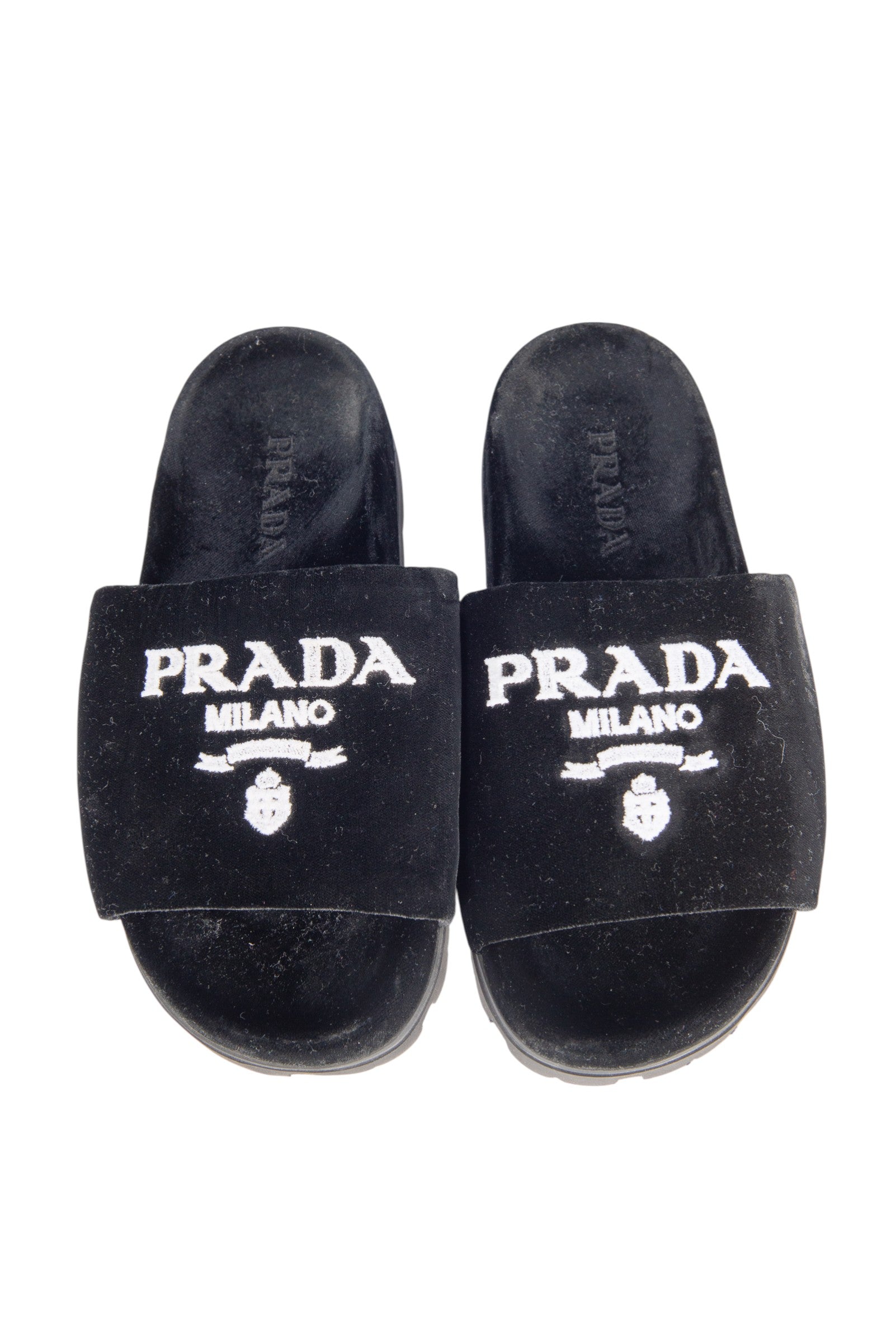 Prada Black Velvet Logo Slide Flats Size 36