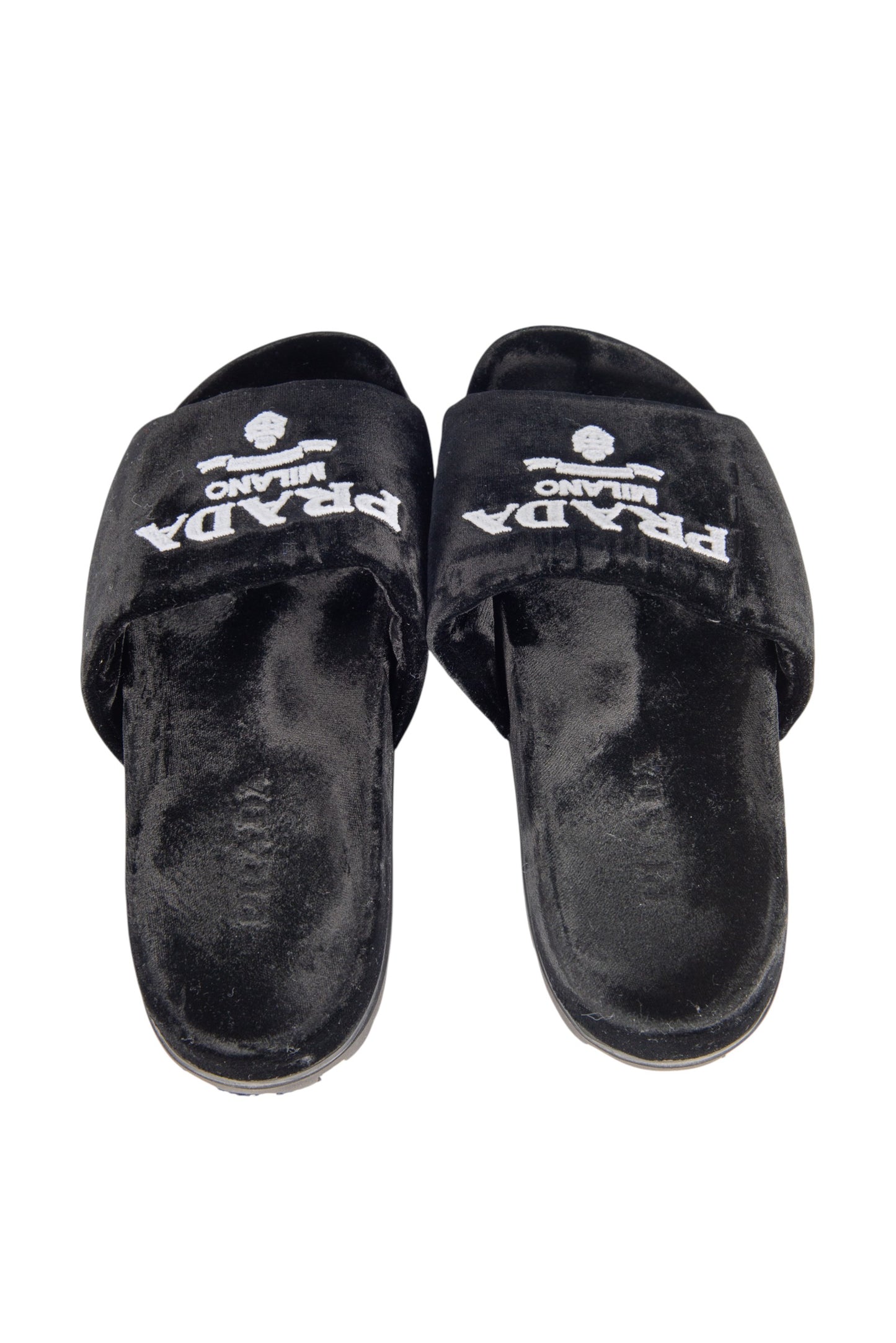 Prada Black Velvet Logo Slide Flats Size 36