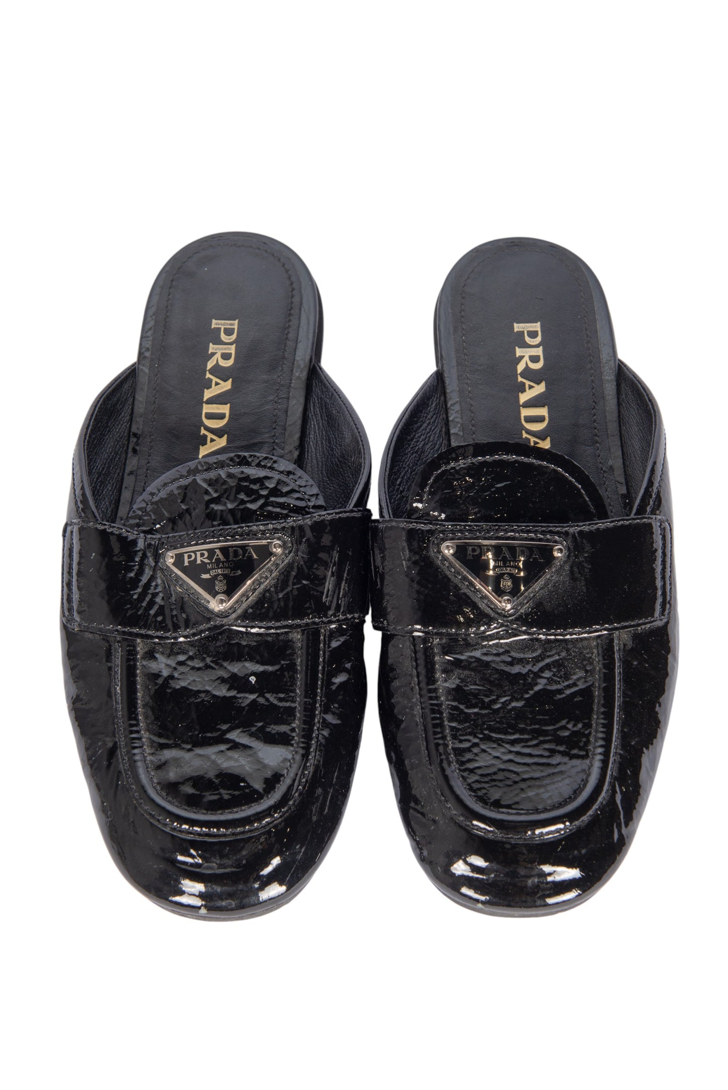 PRADA Black Patent Leather Triangle Logo Mules Size 37