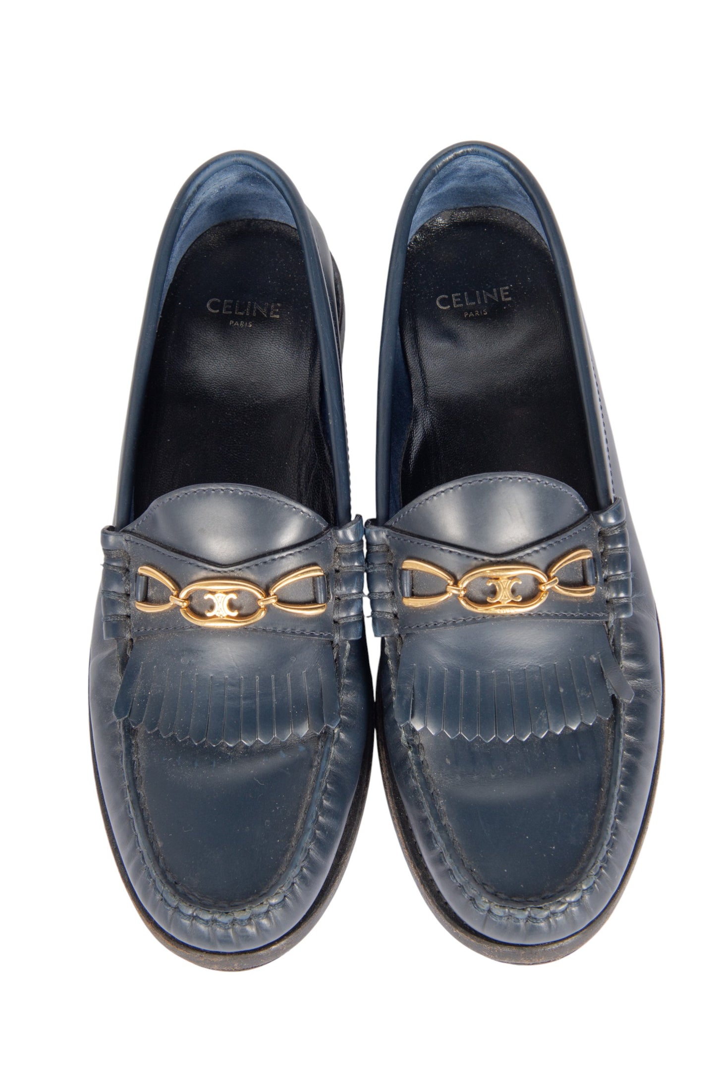 Celine Navy Blue Leather Chain Link Loafers Size 36.5