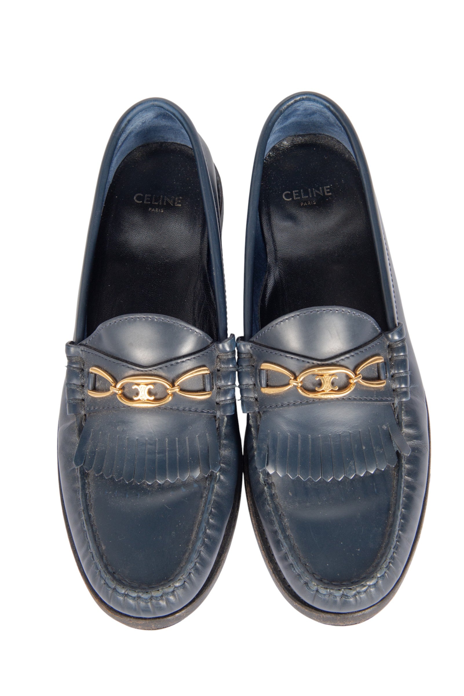 Celine Navy Blue Leather Chain Link Loafers Size 36.5