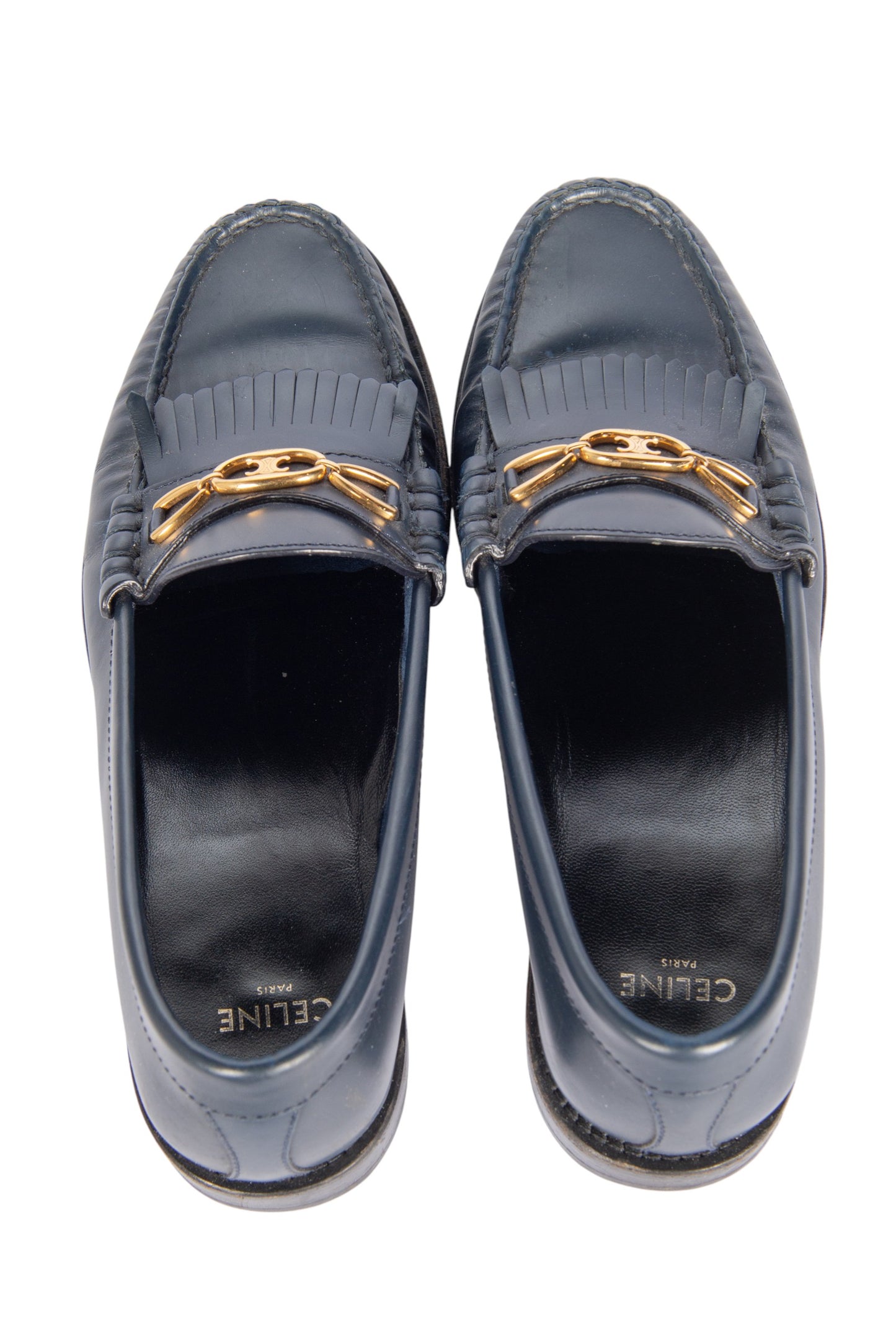 Celine Navy Blue Leather Chain Link Loafers Size 36.5