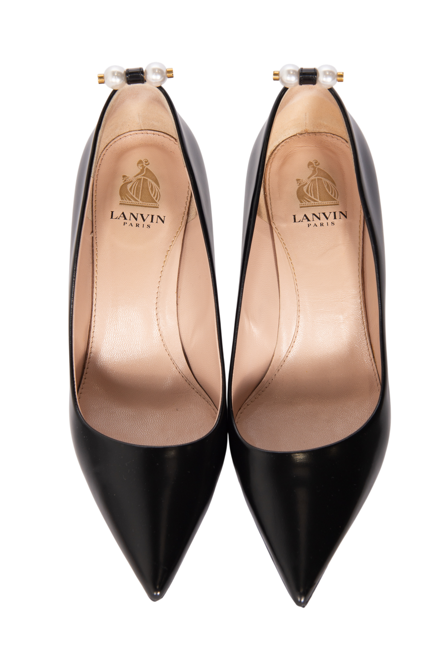 LANVIN Black Leather Pointed Heels with Pearl Detail Size 38.5