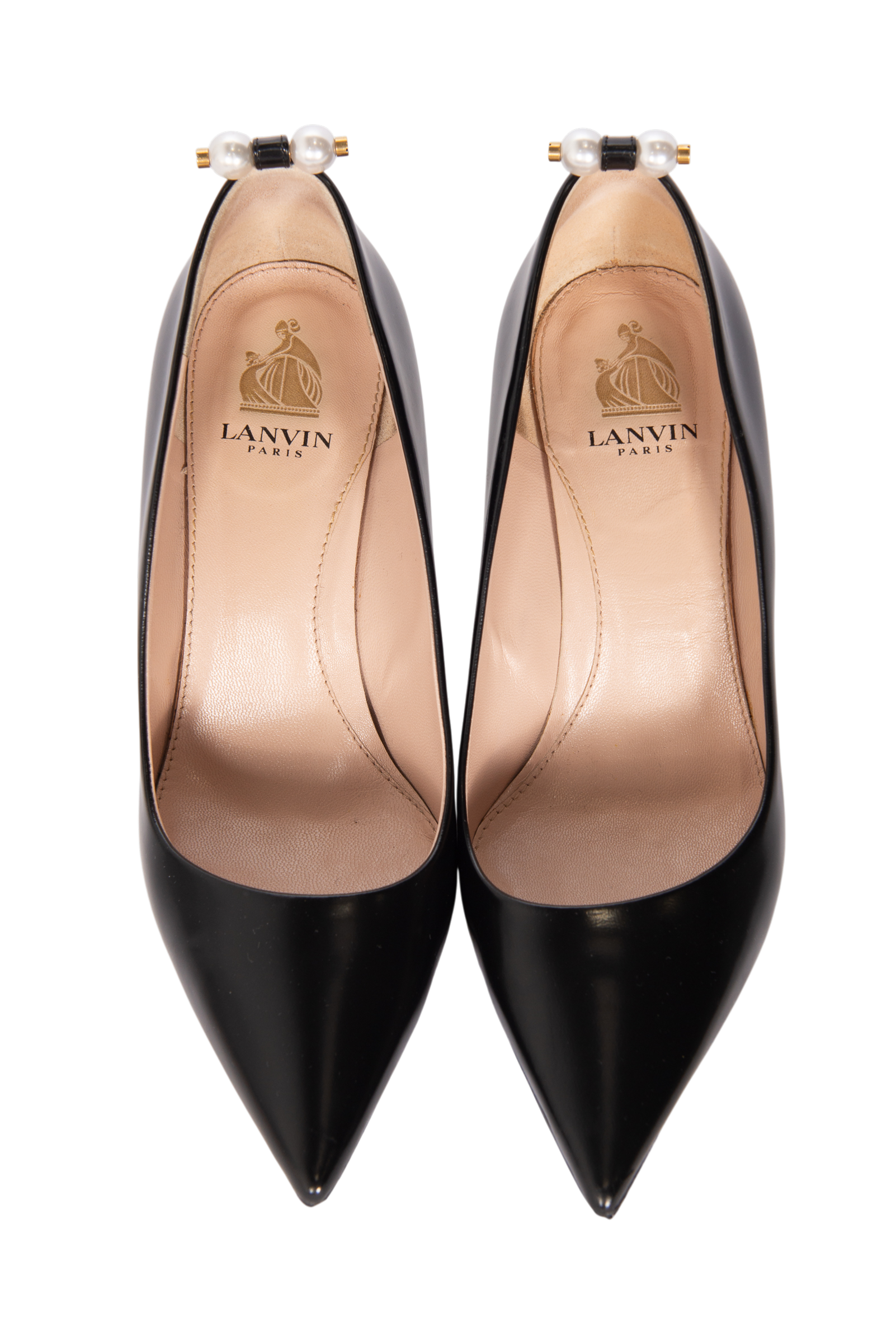 LANVIN Black Leather Pointed Heels with Pearl Detail Size 38.5