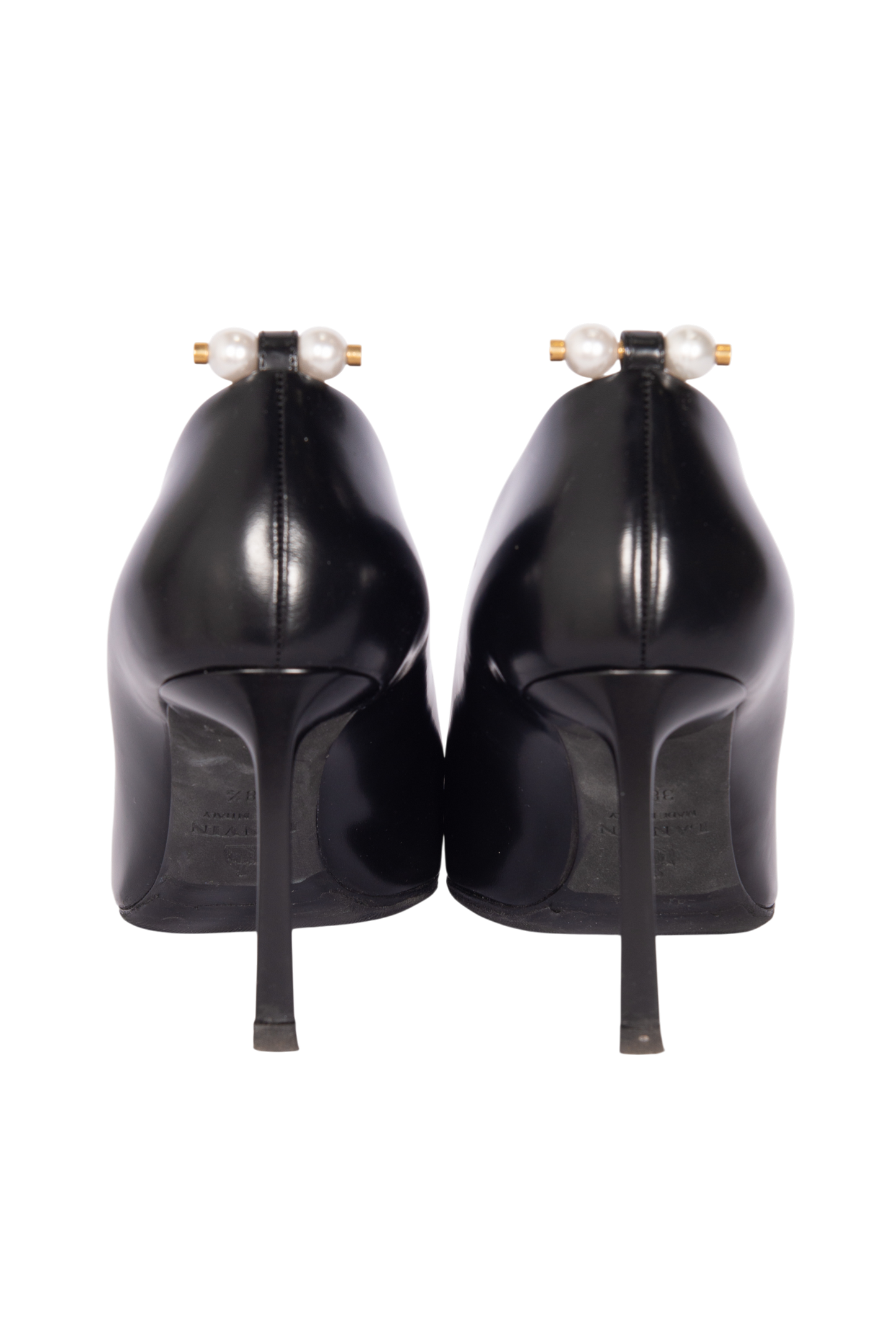 LANVIN Black Leather Pointed Heels with Pearl Detail Size 38.5