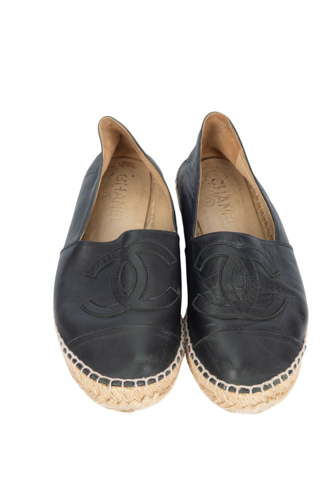 CHANEL Black Lambskin Leather CC Logo Espadrilles Flats Size 38