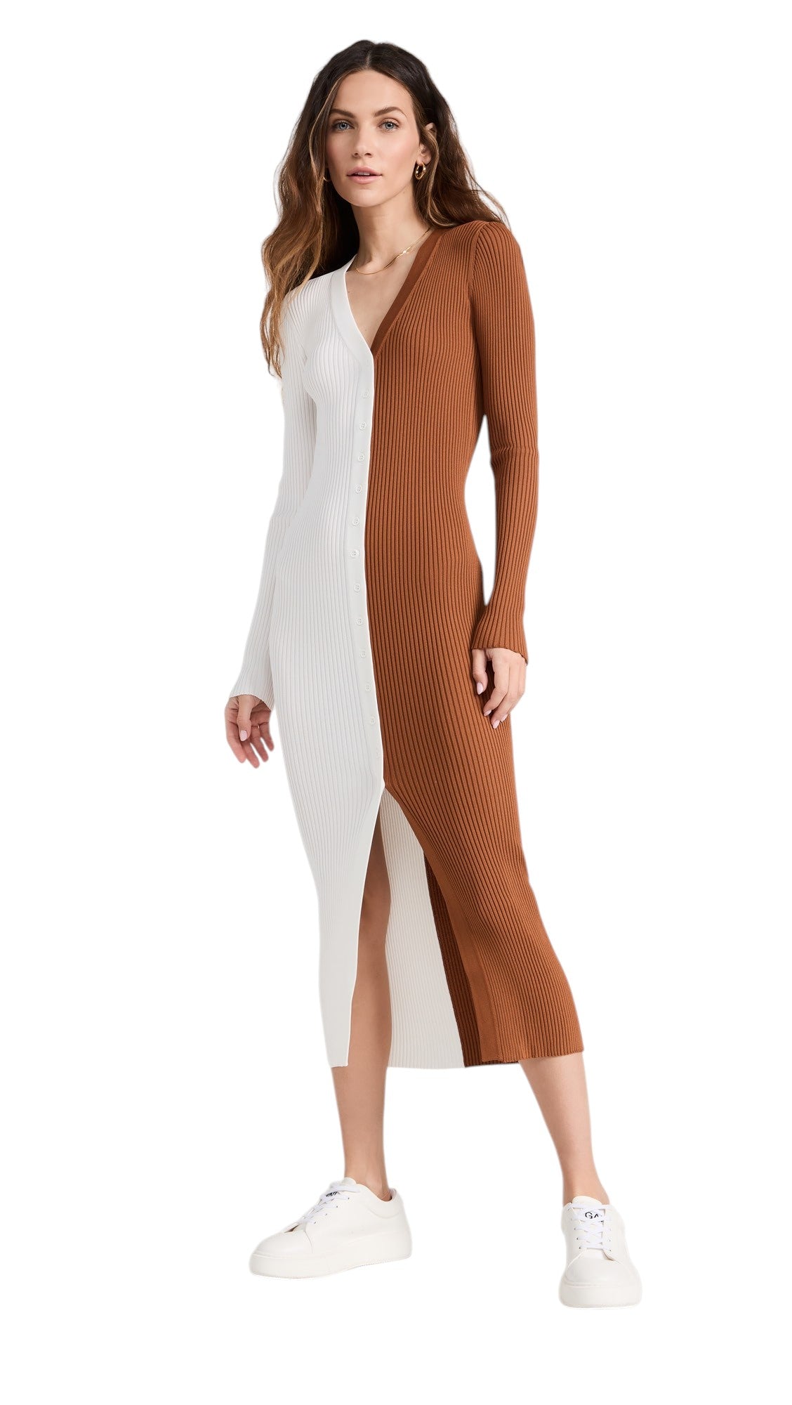 STAUD Brown White Shoko Midi Sweater Dress Size XS