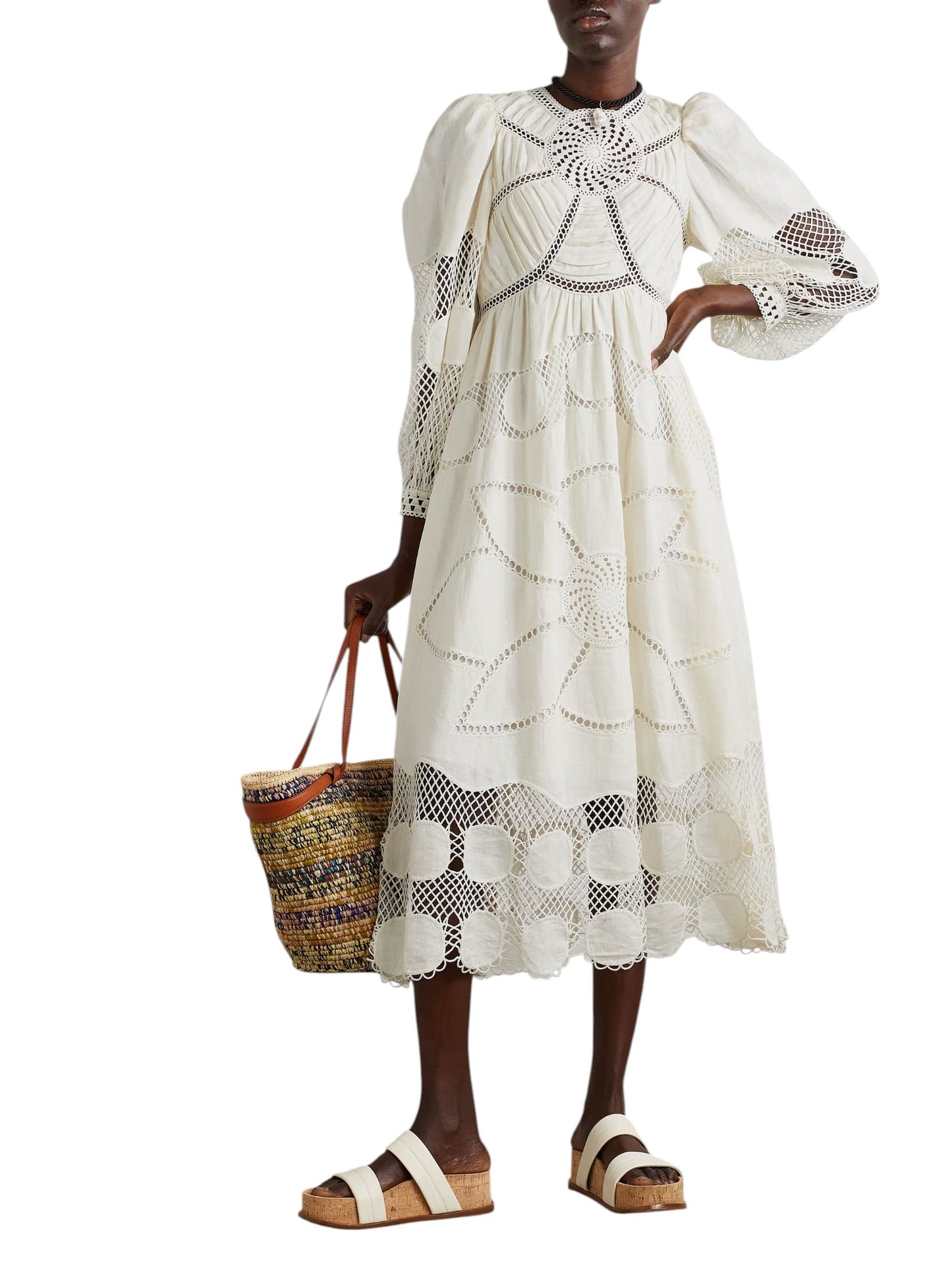 ULLA JOHNSON White Linen Crochet Estella Midi Dress Size S